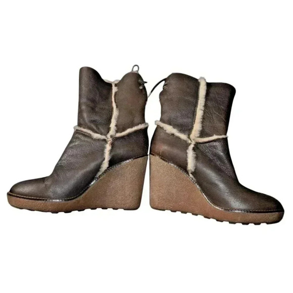 Moncler Brown Leather Merino Fur Boots Platform Wedge Booties 39 USA 8.5 - Picture 5 of 14